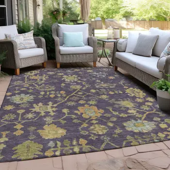 9' X 12' Purple And Gold Floral Washable Indoor Outdoor Area Rug