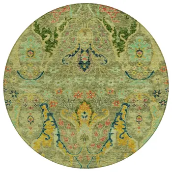 8' Green Gold And Pink Round Floral Washable Indoor Outdoor Area Rug