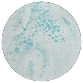8' Teal Blue And Pale Aqua Round Abstract Washable Indoor Outdoor Area Rug