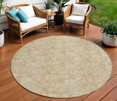 8' Beige And Tan Round Floral Washable Indoor Outdoor Area Rug