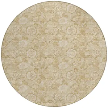 8' Beige And Tan Round Floral Washable Indoor Outdoor Area Rug