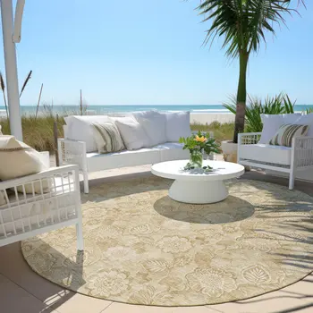 8' Beige And Tan Round Floral Washable Indoor Outdoor Area Rug