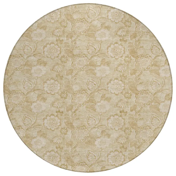 8' Beige And Tan Round Floral Washable Indoor Outdoor Area Rug