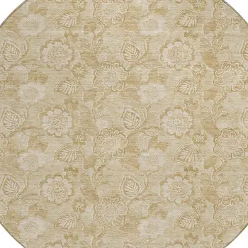 8' Beige And Tan Round Floral Washable Indoor Outdoor Area Rug