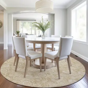 8' Beige And Tan Round Floral Washable Indoor Outdoor Area Rug