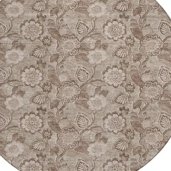 8' Brown And Taupe Round Floral Washable Indoor Outdoor Area Rug