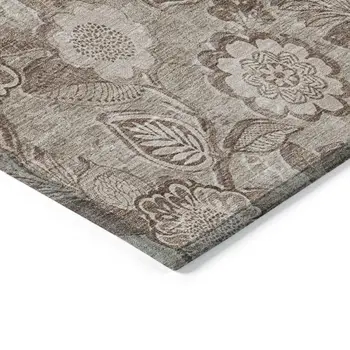 8' Brown And Taupe Round Floral Washable Indoor Outdoor Area Rug