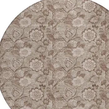 8' Brown And Taupe Round Floral Washable Indoor Outdoor Area Rug