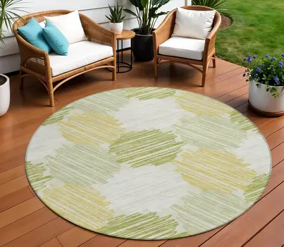 8' Green Ivory And Gold Round Geometric Washable Indoor Outdoor Area Rug