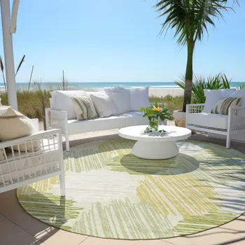 8' Green Ivory And Gold Round Geometric Washable Indoor Outdoor Area Rug