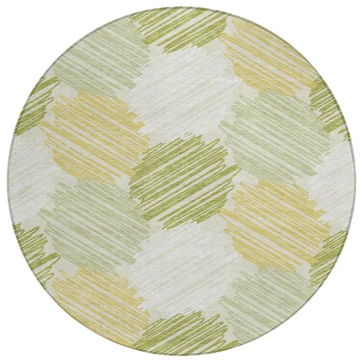 8' Green Ivory And Gold Round Geometric Washable Indoor Outdoor Area Rug