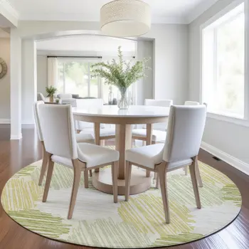 8' Green Ivory And Gold Round Geometric Washable Indoor Outdoor Area Rug