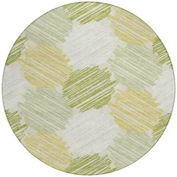 8' Green Ivory And Gold Round Geometric Washable Indoor Outdoor Area Rug