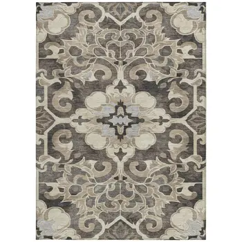 3' X 5' Chocolate And Taupe Damask Washable Indoor Outdoor Area Rug