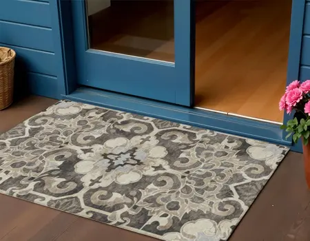 3' X 5' Chocolate And Taupe Damask Washable Indoor Outdoor Area Rug
