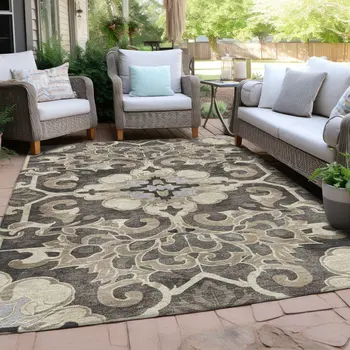 3' X 5' Chocolate And Taupe Damask Washable Indoor Outdoor Area Rug