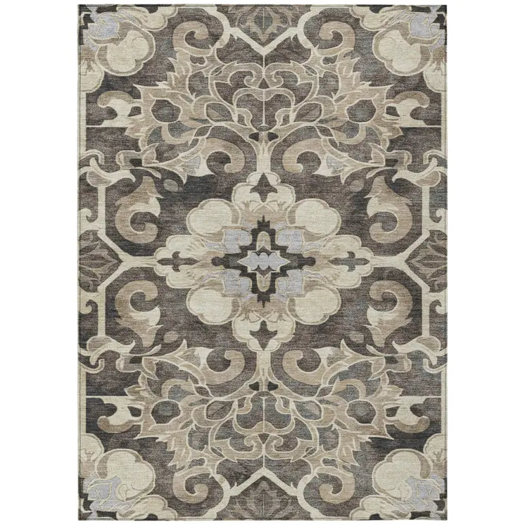 3' X 5' Chocolate And Taupe Damask Washable Indoor Outdoor Area Rug