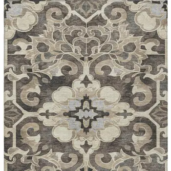 3' X 5' Chocolate And Taupe Damask Washable Indoor Outdoor Area Rug