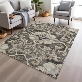 3' X 5' Chocolate And Taupe Damask Washable Indoor Outdoor Area Rug
