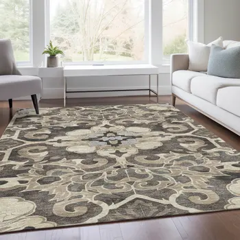 3' X 5' Chocolate And Taupe Damask Washable Indoor Outdoor Area Rug
