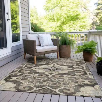 3' X 5' Chocolate And Taupe Damask Washable Indoor Outdoor Area Rug