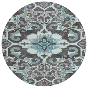 8' Teal Blue And Charcoal Round Damask Washable Indoor Outdoor Area Rug