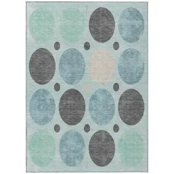 3' X 5' Teal Blue Charcoal And Beige Geometric Washable Indoor Outdoor Area Rug
