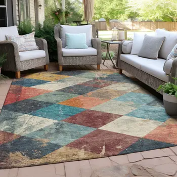 10' X 14' Navy Blue And Gold Geometric Washable Indoor Outdoor Area Rug