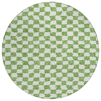 8' Green And Ivory Round Geometric Washable Indoor Outdoor Area Rug