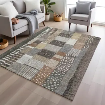 10' X 14' Brown Ivory And Gray Geometric Washable Indoor Outdoor Area Rug
