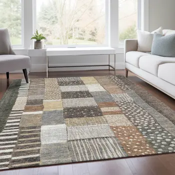 10' X 14' Brown Ivory And Gray Geometric Washable Indoor Outdoor Area Rug
