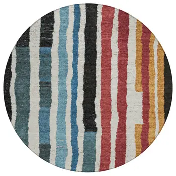 8' Black Denim Blue And Merlot Round Striped Washable Indoor Outdoor Area Rug