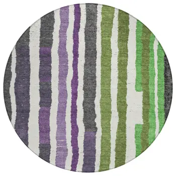 8' Gray Purple And Green Round Striped Washable Indoor Outdoor Area Rug