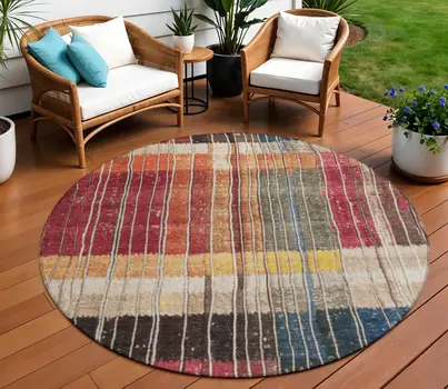 8' Beige Red And Yellow Round Striped Washable Indoor Outdoor Area Rug
