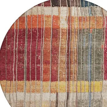 8' Beige Red And Yellow Round Striped Washable Indoor Outdoor Area Rug