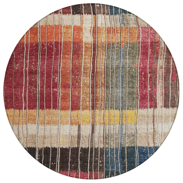 8' Beige Red And Yellow Round Striped Washable Indoor Outdoor Area Rug