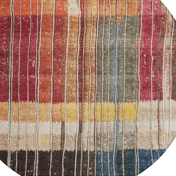 8' Beige Red And Yellow Round Striped Washable Indoor Outdoor Area Rug