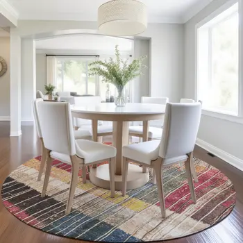 8' Beige Red And Yellow Round Striped Washable Indoor Outdoor Area Rug