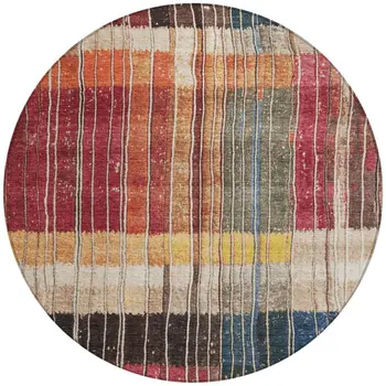 8' Beige Red And Yellow Round Striped Washable Indoor Outdoor Area Rug