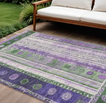 9' X 12' Green And Purple Striped Washable Indoor Outdoor Area Rug