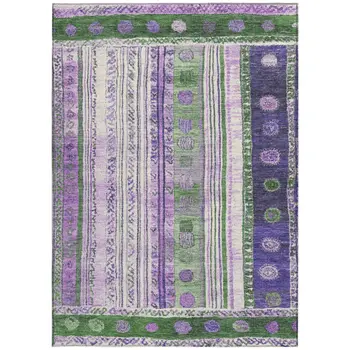 9' X 12' Green And Purple Striped Washable Indoor Outdoor Area Rug