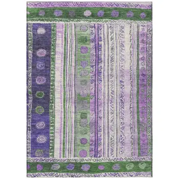 9' X 12' Green And Purple Striped Washable Indoor Outdoor Area Rug