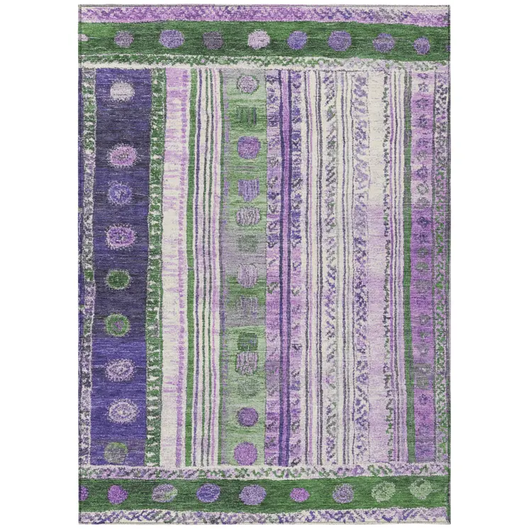 9' X 12' Green And Purple Striped Washable Indoor Outdoor Area Rug