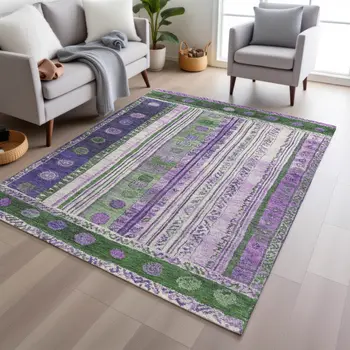 9' X 12' Green And Purple Striped Washable Indoor Outdoor Area Rug