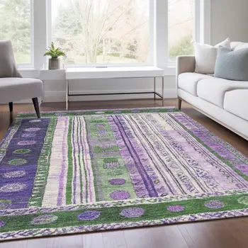 9' X 12' Green And Purple Striped Washable Indoor Outdoor Area Rug