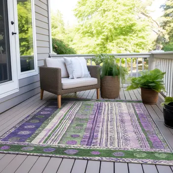 9' X 12' Green And Purple Striped Washable Indoor Outdoor Area Rug
