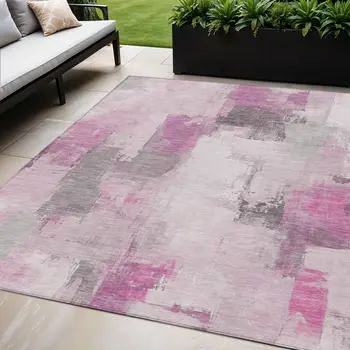 5' X 8' Pink And Silver Abstract Washable Indoor Outdoor Area Rug