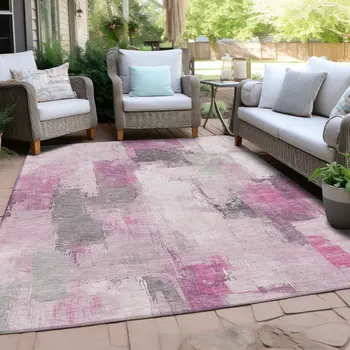 5' X 8' Pink And Silver Abstract Washable Indoor Outdoor Area Rug