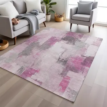 5' X 8' Pink And Silver Abstract Washable Indoor Outdoor Area Rug