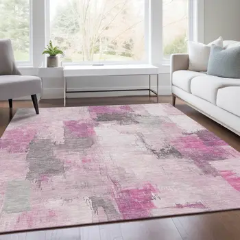 5' X 8' Pink And Silver Abstract Washable Indoor Outdoor Area Rug